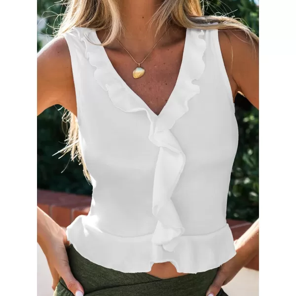 imageCUPSHE Women Tops Ruffled V Neck Tank Cropped Tee Sleeveless Shirt Casual DressyWhite