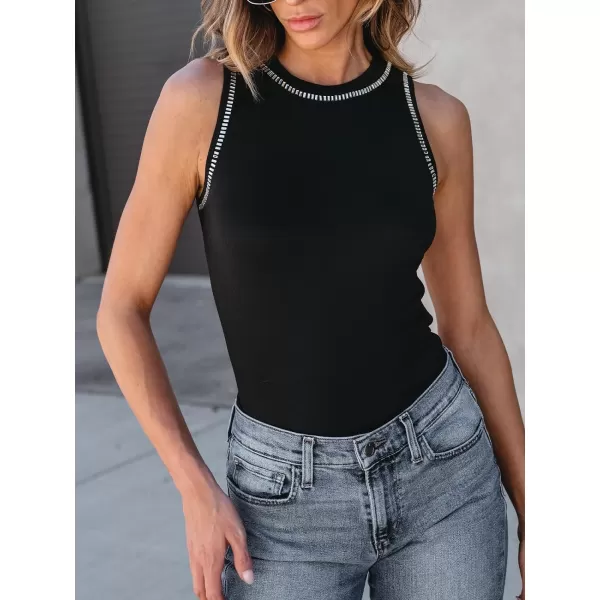 imageCUPSHE Women Tops Sequin Trim Fitted Tank Top Sleeveless Shirt Solid Tee Casual DressyBlack