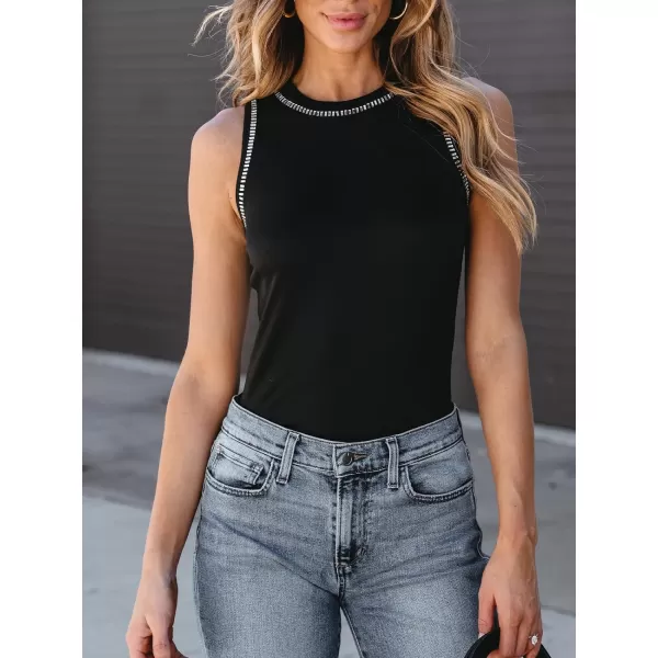 imageCUPSHE Women Tops Sequin Trim Fitted Tank Top Sleeveless Shirt Solid Tee Casual DressyBlack