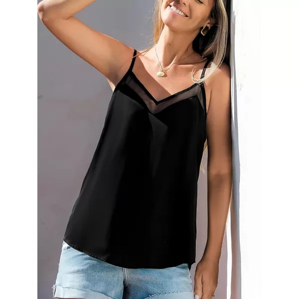 imageCUPSHE Women Tops Sheer Panel VNeck Cami Sleeveless Tank Loose Tee Shirt Casual DressyBlack