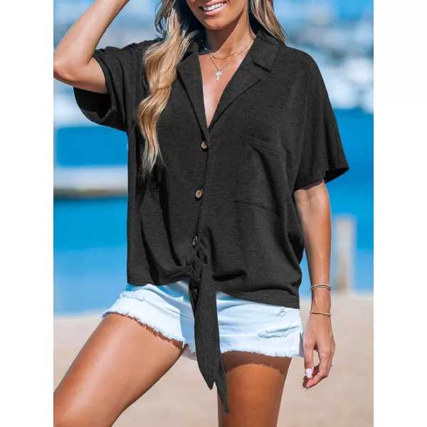 imageCUPSHE Women Tops Short Sleeve Blouses V Neck Shirt Button Front Tee with Pockets Casual DressyBlack