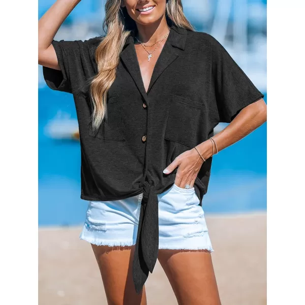 imageCUPSHE Women Tops Short Sleeve Blouses V Neck Shirt Button Front Tee with Pockets Casual DressyBlack