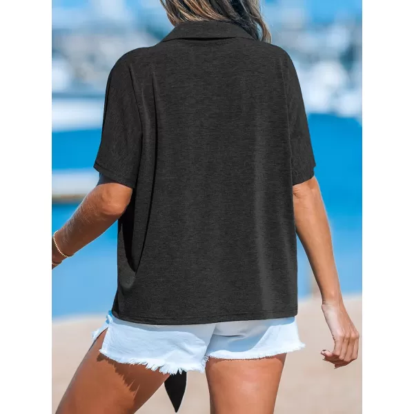 imageCUPSHE Women Tops Short Sleeve Blouses V Neck Shirt Button Front Tee with Pockets Casual DressyBlack