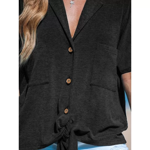 imageCUPSHE Women Tops Short Sleeve Blouses V Neck Shirt Button Front Tee with Pockets Casual DressyBlack