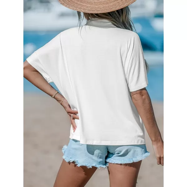imageCUPSHE Women Tops Short Sleeve Blouses V Neck Shirt Button Front Tee with Pockets Casual DressyWhite