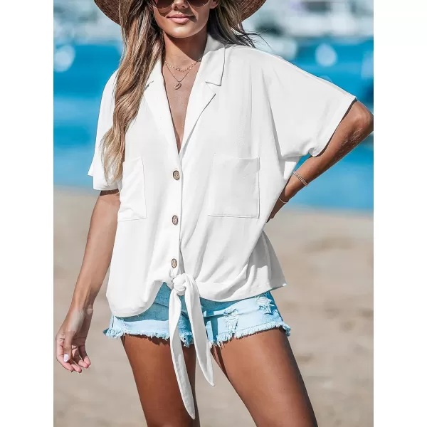 imageCUPSHE Women Tops Short Sleeve Blouses V Neck Shirt Button Front Tee with Pockets Casual DressyWhite