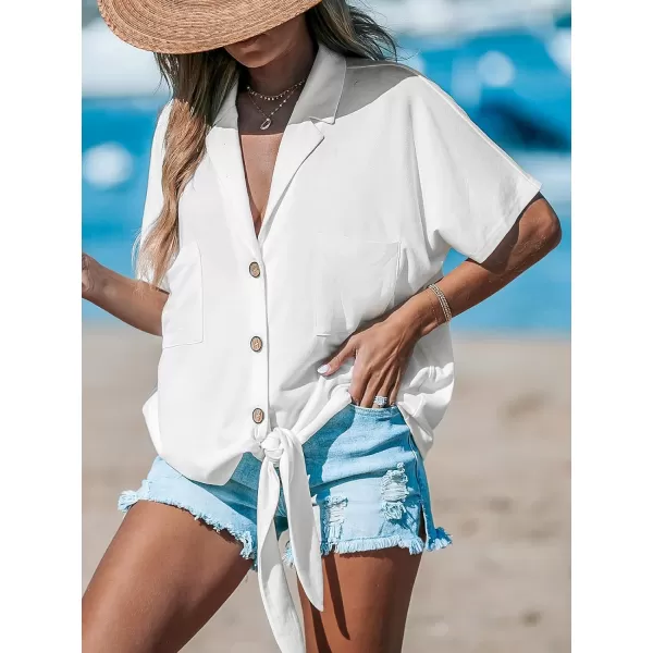 imageCUPSHE Women Tops Short Sleeve Blouses V Neck Shirt Button Front Tee with Pockets Casual DressyWhite
