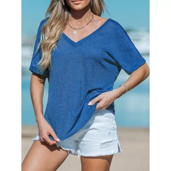 imageCUPSHE Women Tops Short Sleeve LowCut Twist Back Blouses Backless Shirt CasualBlue