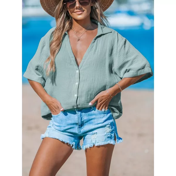 imageCUPSHE Women Tops Short Sleeves Shirt V Neck Button Front Tee Solid Blouses Casual SummerGreen