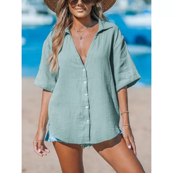 imageCUPSHE Women Tops Short Sleeves Shirt V Neck Button Front Tee Solid Blouses Casual SummerGreen