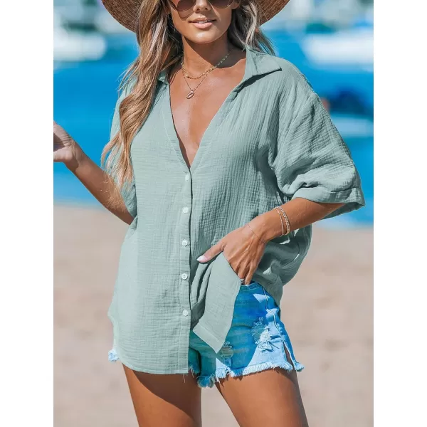 imageCUPSHE Women Tops Short Sleeves Shirt V Neck Button Front Tee Solid Blouses Casual SummerGreen