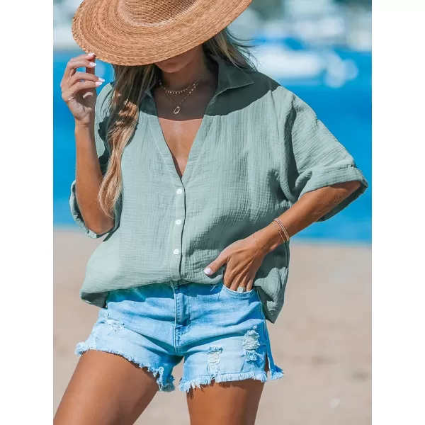 imageCUPSHE Women Tops Short Sleeves Shirt V Neck Button Front Tee Solid Blouses Casual SummerGreen