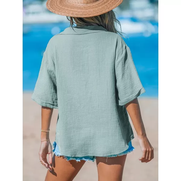 imageCUPSHE Women Tops Short Sleeves Shirt V Neck Button Front Tee Solid Blouses Casual SummerGreen