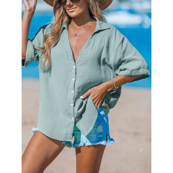 imageCUPSHE Women Tops Short Sleeves Shirt V Neck Button Front Tee Solid Blouses Casual SummerGreen