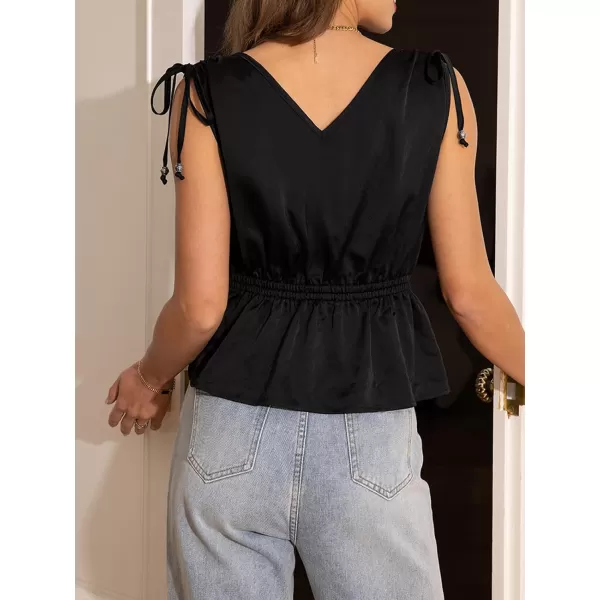 imageCUPSHE Women Tops Sleeveless Peplum Shirt Shoulder Ties Tee Solid Blouses Casual SummerBlack