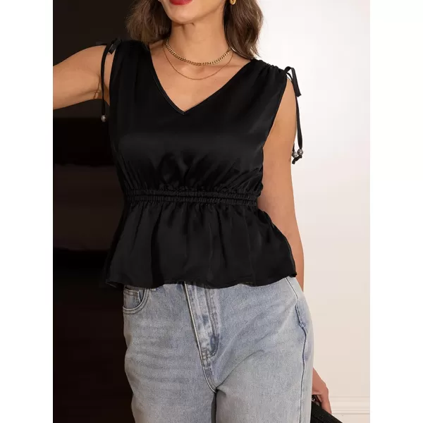 imageCUPSHE Women Tops Sleeveless Peplum Shirt Shoulder Ties Tee Solid Blouses Casual SummerBlack