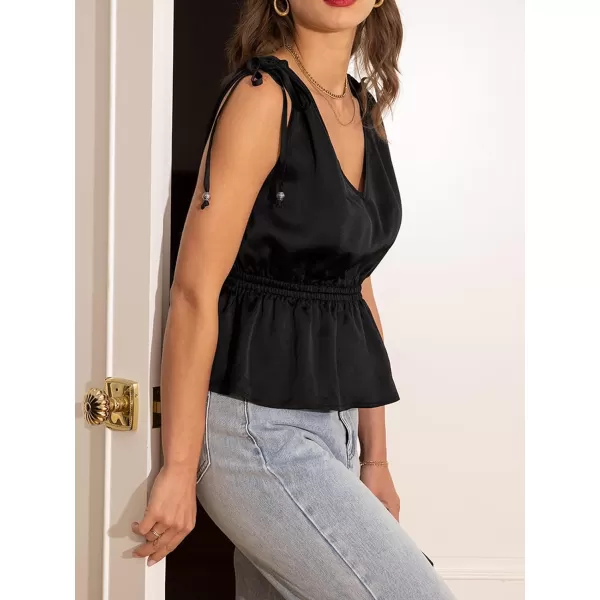 imageCUPSHE Women Tops Sleeveless Peplum Shirt Shoulder Ties Tee Solid Blouses Casual SummerBlack