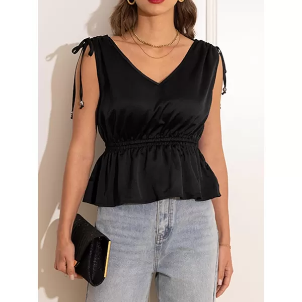 imageCUPSHE Women Tops Sleeveless Peplum Shirt Shoulder Ties Tee Solid Blouses Casual SummerBlack