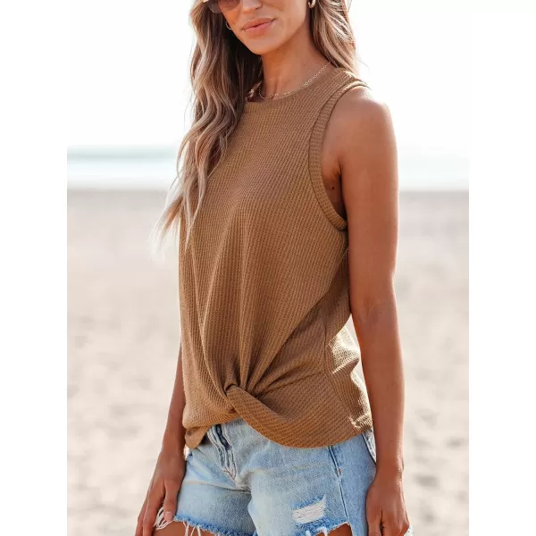 imageCUPSHE Women Tops Sleeveless Ribbed Twist Tank Top Crew Neck Shirt Casual SummerBrown