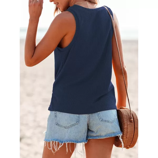imageCUPSHE Women Tops Sleeveless Ribbed Twist Tank Top Crew Neck Shirt Casual SummerDark Blue