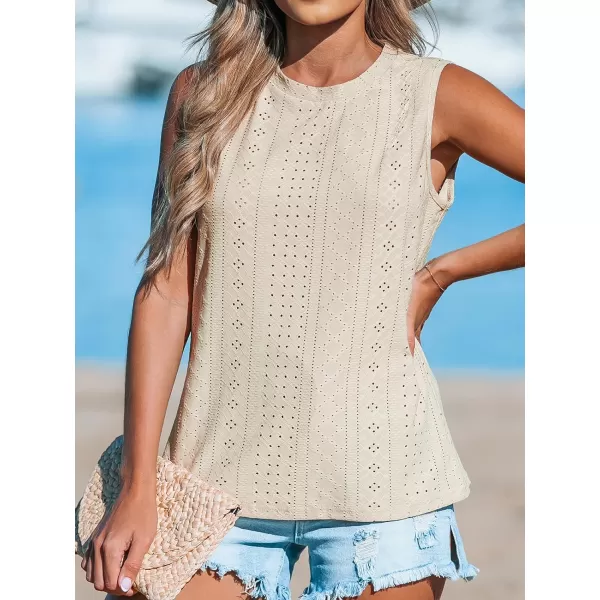 imageCUPSHE Women Tops Sleeveless Tank Cutout Blouse Crew Neck Shirt Lace Tee Summer Casual DressyBeige