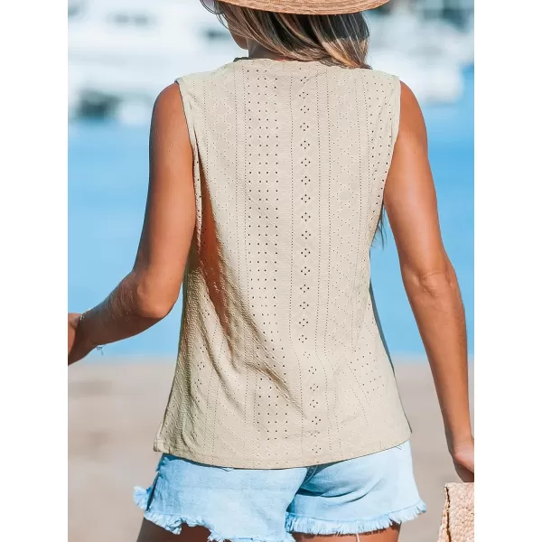 imageCUPSHE Women Tops Sleeveless Tank Cutout Blouse Crew Neck Shirt Lace Tee Summer Casual DressyBeige
