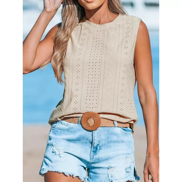imageCUPSHE Women Tops Sleeveless Tank Cutout Blouse Crew Neck Shirt Lace Tee Summer Casual DressyBeige