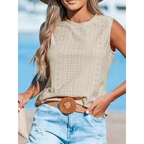 imageCUPSHE Women Tops Sleeveless Tank Cutout Blouse Crew Neck Shirt Lace Tee Summer Casual DressyBeige