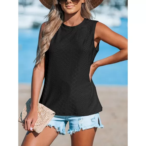 imageCUPSHE Women Tops Sleeveless Tank Cutout Blouse Crew Neck Shirt Lace Tee Summer Casual DressyBlack