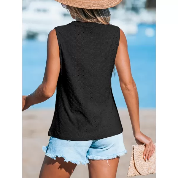 imageCUPSHE Women Tops Sleeveless Tank Cutout Blouse Crew Neck Shirt Lace Tee Summer Casual DressyBlack