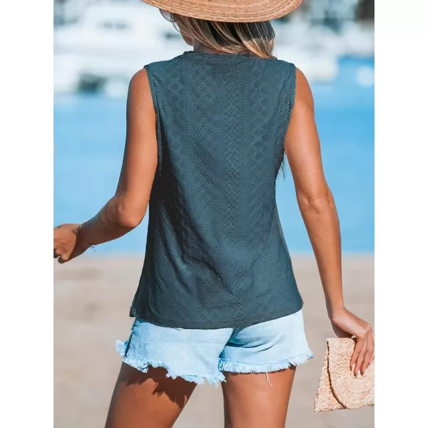 imageCUPSHE Women Tops Sleeveless Tank Cutout Blouse Crew Neck Shirt Lace Tee Summer Casual DressyBlue