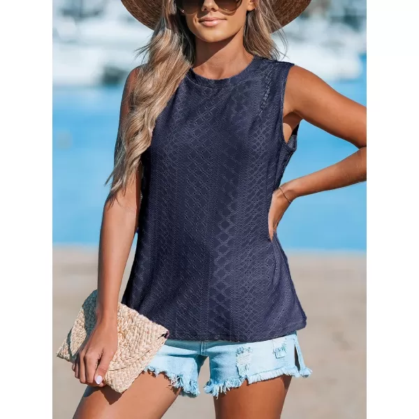imageCUPSHE Women Tops Sleeveless Tank Cutout Blouse Crew Neck Shirt Lace Tee Summer Casual DressyDark Blue