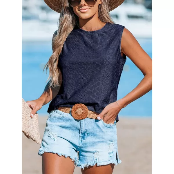 imageCUPSHE Women Tops Sleeveless Tank Cutout Blouse Crew Neck Shirt Lace Tee Summer Casual DressyDark Blue
