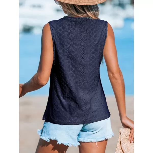 imageCUPSHE Women Tops Sleeveless Tank Cutout Blouse Crew Neck Shirt Lace Tee Summer Casual DressyDark Blue