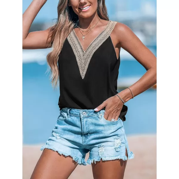 imageCUPSHE Women Tops Sleeveless V Neck Shirt Lace Neck Tee Solid Casual Summer BeachBlack