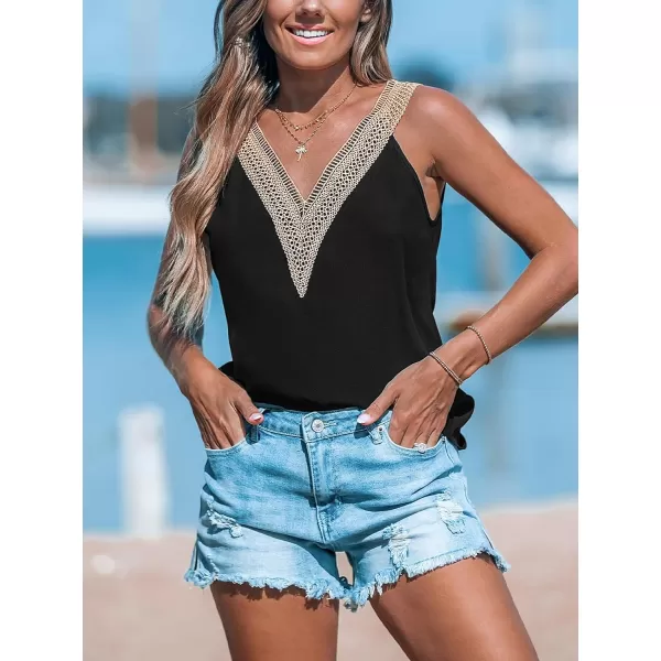 imageCUPSHE Women Tops Sleeveless V Neck Shirt Lace Neck Tee Solid Casual Summer BeachBlack