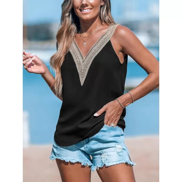 imageCUPSHE Women Tops Sleeveless V Neck Shirt Lace Neck Tee Solid Casual Summer BeachBlack
