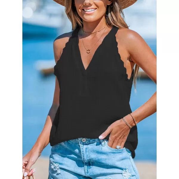 imageCUPSHE Women Tops Sleeveless V Neck Shirt Lace Tee Solid Casual SummerBlack