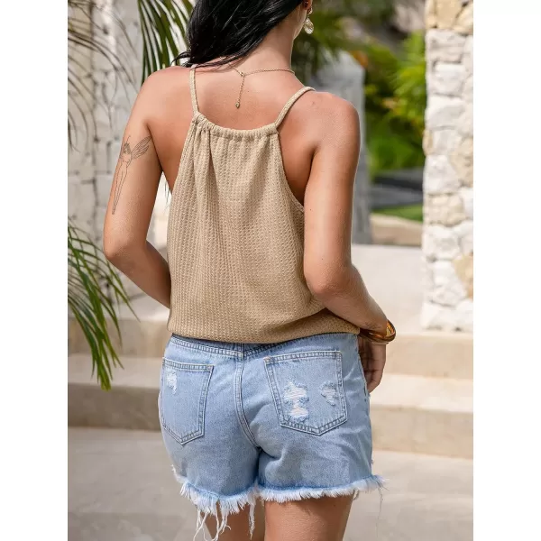 imageCUPSHE Women Tops Sleeveless V Neck Waffle Knit ORing Waist Tie Cami Shirt Casual SummerBrown