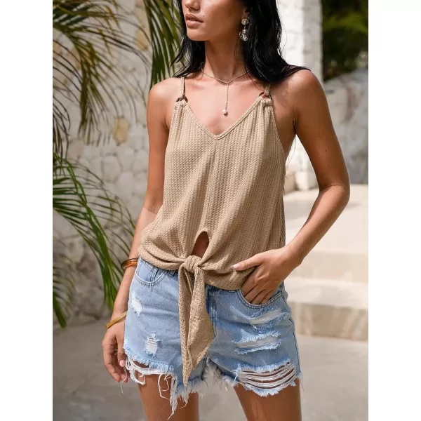 imageCUPSHE Women Tops Sleeveless V Neck Waffle Knit ORing Waist Tie Cami Shirt Casual SummerBrown