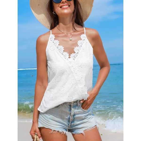 imageCUPSHE Women Tops Sleeveless VNeck Lace Cami Blouses Lace Cutout Shirt Casual DressyWhite