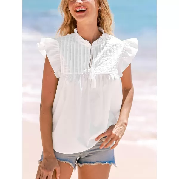 imageCUPSHE Women Tops Split Neck Flutter Sleeve Blouses Sleeveless Shirt Solid Tee Casual DressyWhite