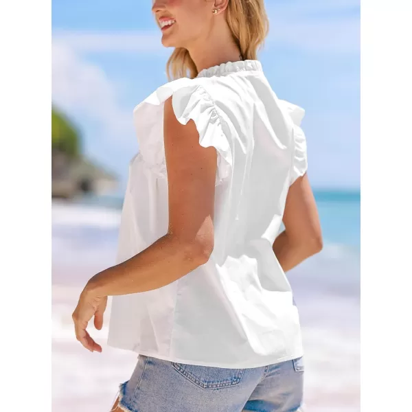 imageCUPSHE Women Tops Split Neck Flutter Sleeve Blouses Sleeveless Shirt Solid Tee Casual DressyWhite