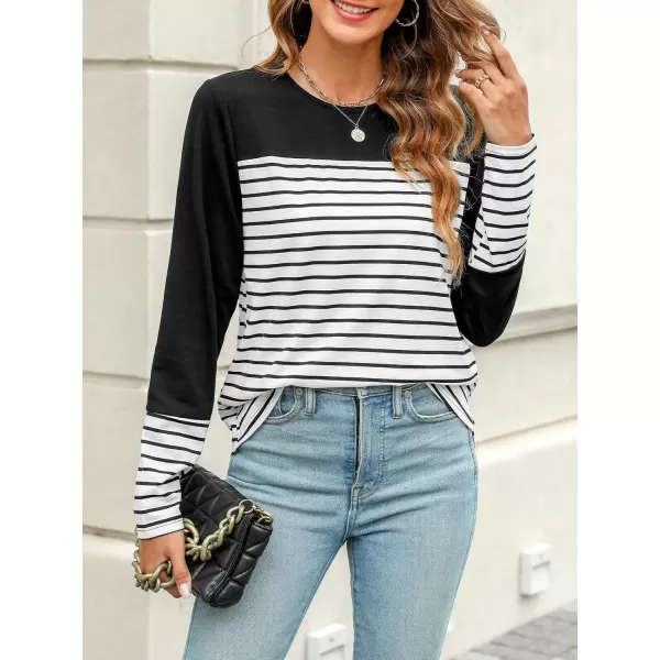 imageCUPSHE Women Tops Striped Colorblock Long Sleeve Tee Crew Neck Blouses CasualBlack