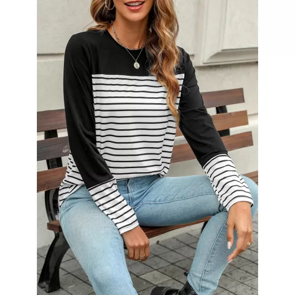 imageCUPSHE Women Tops Striped Colorblock Long Sleeve Tee Crew Neck Blouses CasualBlack