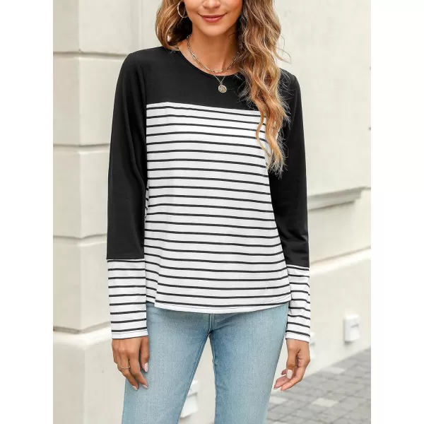 imageCUPSHE Women Tops Striped Colorblock Long Sleeve Tee Crew Neck Blouses CasualBlack