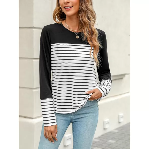 imageCUPSHE Women Tops Striped Colorblock Long Sleeve Tee Crew Neck Blouses CasualBlack