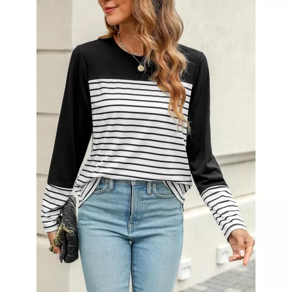 imageCUPSHE Women Tops Striped Colorblock Long Sleeve Tee Crew Neck Blouses CasualBlack