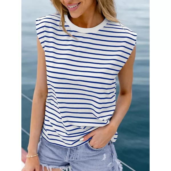 imageCUPSHE Women Tops Striped Round Neck Sleeveless Tee Cap Sleeves Shirt Casual SummerBlue