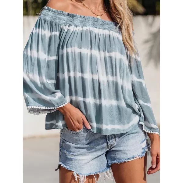 imageCUPSHE Women Tops Stripes Smocked OffShoulder Shirt Blouses Long Sleeve Tee CasualBlue